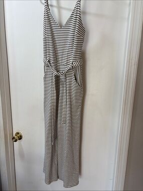 Monteau Ivory and Black Striped Sleeveless V-Neck Jumpsuit